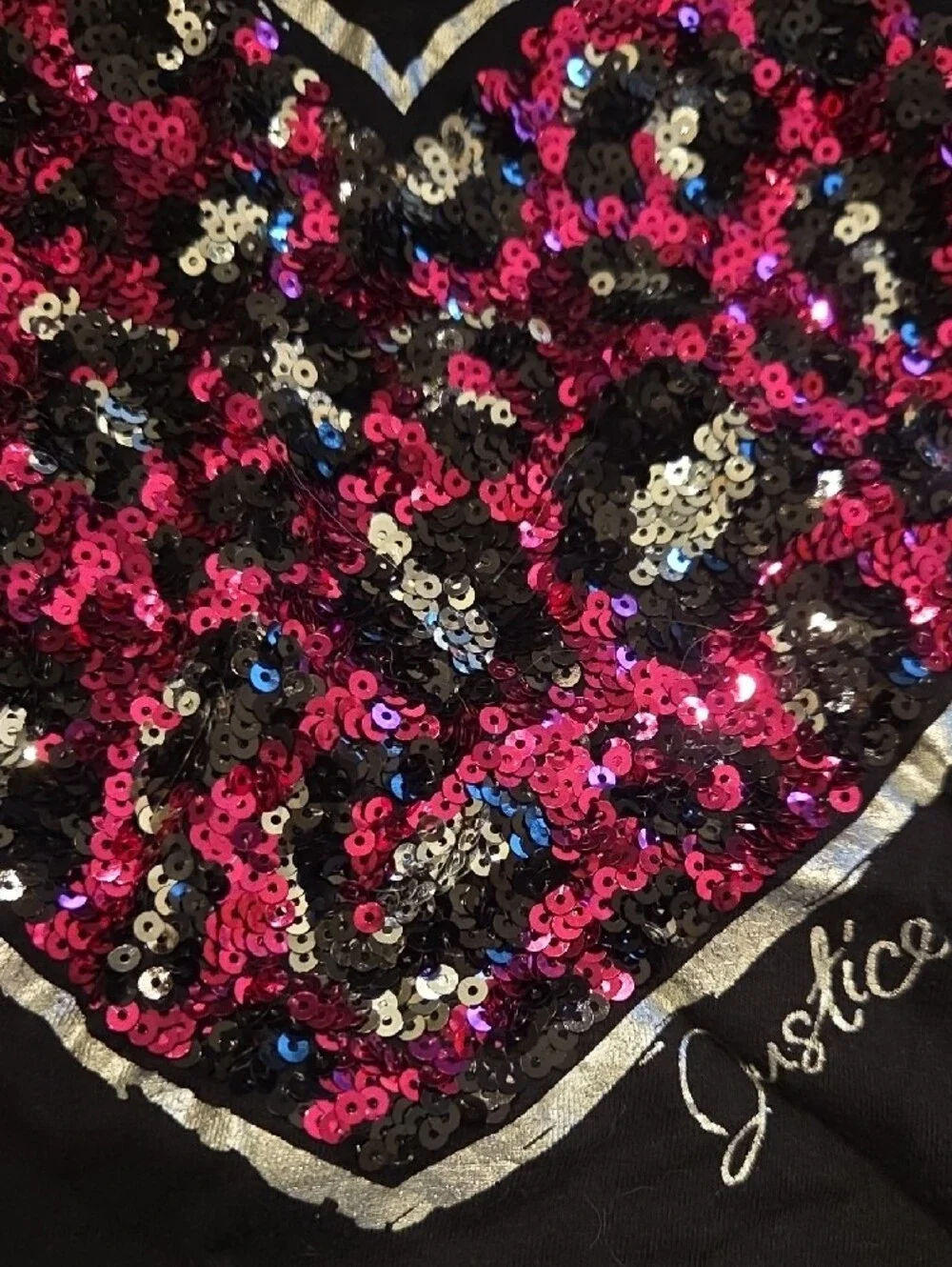Justice Black Short Sleeve Tee with Pink Sequin Heart